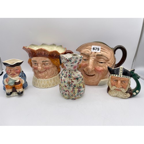 679 - ROYAL DOULTON LARGE OLD KING COLE CHARACTER JUG, FARMER JOHN, THE VIKING, AND A STAFFORDSHIRE SPONGE... 