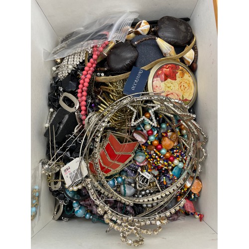 733 - BOX OF VARIOUS BEADED NECKLACES, DIAMANTE TIARAS, MANTILLAS, CHAINS, ETC