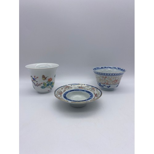 745 - SELECTION OF 20TH CENTURY CHINESE AND JAPANESE COLOURED CERAMICS, GLASS BOWL WITH WHITE METAL MOUNTS