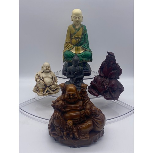 746 - FIVE RESIN MOULDED FIGURE GROUPS OF HOTEI AND BUDDHA