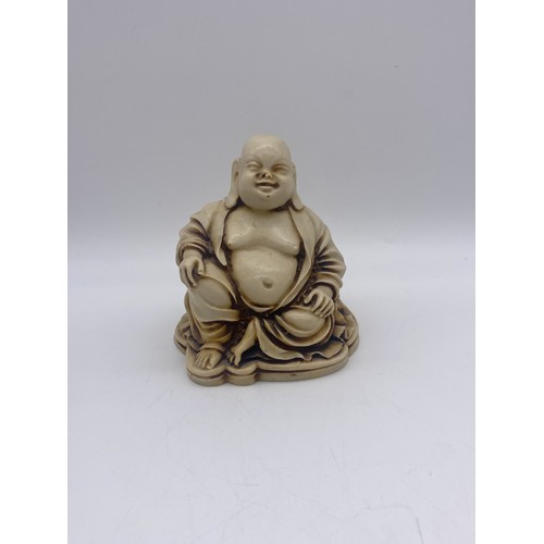 746 - FIVE RESIN MOULDED FIGURE GROUPS OF HOTEI AND BUDDHA