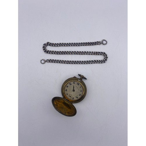 595 - UNMARKED GRADUATED LINK ALBERT CHAIN AND BASE METAL RAMONTOIR PRECISION HUNTER POCKET WATCH AS FOUND