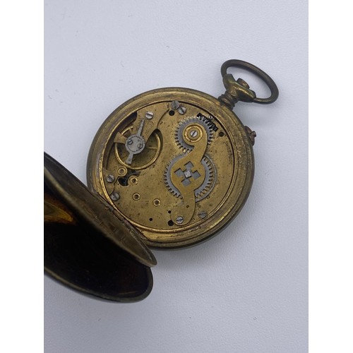 595 - UNMARKED GRADUATED LINK ALBERT CHAIN AND BASE METAL RAMONTOIR PRECISION HUNTER POCKET WATCH AS FOUND