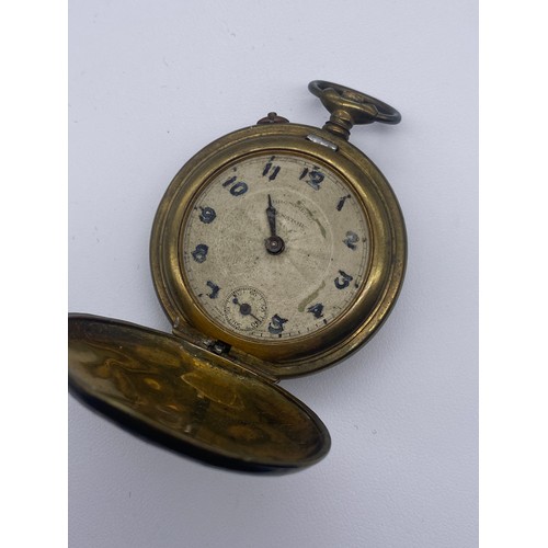 595 - UNMARKED GRADUATED LINK ALBERT CHAIN AND BASE METAL RAMONTOIR PRECISION HUNTER POCKET WATCH AS FOUND