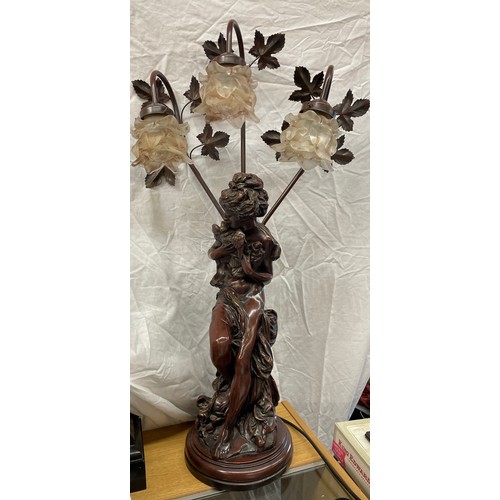 491 - SIMULATED SPELTER RESIN ART NOUVEAU FIGURAL THREE BRANCH LAMP