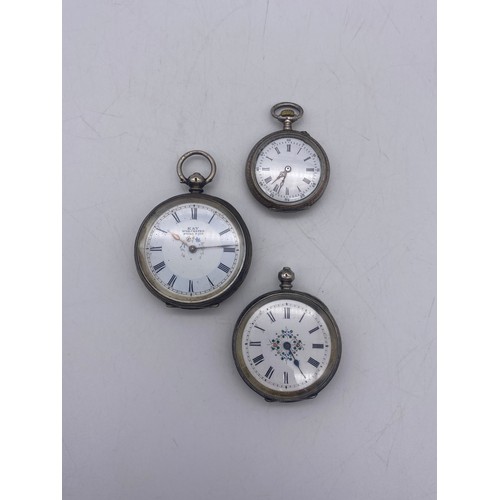 594 - WHITE METAL ENGRAVED CASED FOB WATCH DIAL SAYS KAY OF WORCESTER WITH SWISS MOVEMENT, AND A 0935 SILV... 