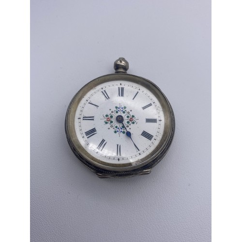 594 - WHITE METAL ENGRAVED CASED FOB WATCH DIAL SAYS KAY OF WORCESTER WITH SWISS MOVEMENT, AND A 0935 SILV... 