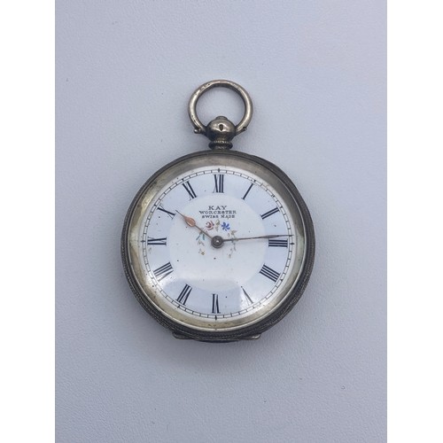 594 - WHITE METAL ENGRAVED CASED FOB WATCH DIAL SAYS KAY OF WORCESTER WITH SWISS MOVEMENT, AND A 0935 SILV... 