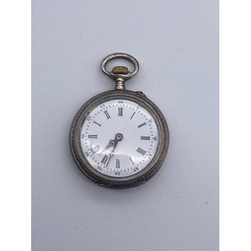 594 - WHITE METAL ENGRAVED CASED FOB WATCH DIAL SAYS KAY OF WORCESTER WITH SWISS MOVEMENT, AND A 0935 SILV... 