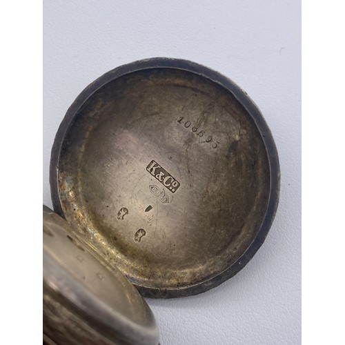 594 - WHITE METAL ENGRAVED CASED FOB WATCH DIAL SAYS KAY OF WORCESTER WITH SWISS MOVEMENT, AND A 0935 SILV... 