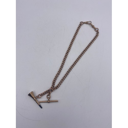 585 - 9CT ROSE GOLD ALBERT CHAIN WITH T BAR AND TRUMPET SHAPED FOB WITH SWIVEL SNAP FASTENER 48.4G APPROX