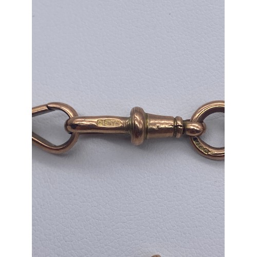 585 - 9CT ROSE GOLD ALBERT CHAIN WITH T BAR AND TRUMPET SHAPED FOB WITH SWIVEL SNAP FASTENER 48.4G APPROX