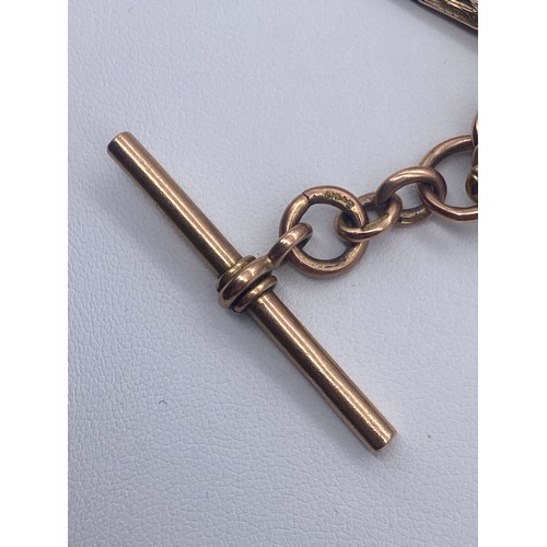 585 - 9CT ROSE GOLD ALBERT CHAIN WITH T BAR AND TRUMPET SHAPED FOB WITH SWIVEL SNAP FASTENER 48.4G APPROX