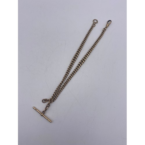 584 - 9CT GOLD FLAT LINK BELCHER ALBERT CHAIN WITH T BAR SWIVEL AND SNAP FASTENER 45.2G APPROX