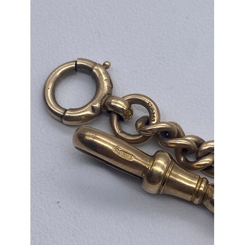 584 - 9CT GOLD FLAT LINK BELCHER ALBERT CHAIN WITH T BAR SWIVEL AND SNAP FASTENER 45.2G APPROX