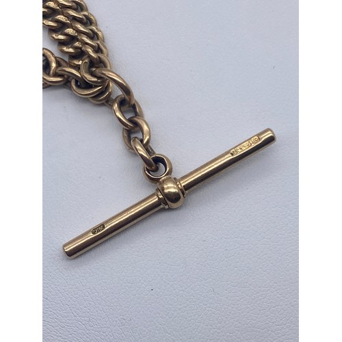 584 - 9CT GOLD FLAT LINK BELCHER ALBERT CHAIN WITH T BAR SWIVEL AND SNAP FASTENER 45.2G APPROX