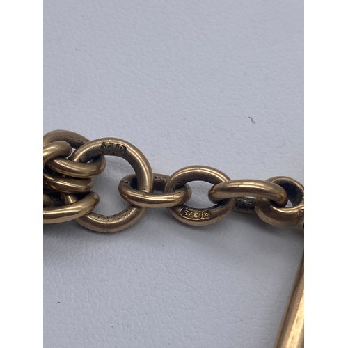 584 - 9CT GOLD FLAT LINK BELCHER ALBERT CHAIN WITH T BAR SWIVEL AND SNAP FASTENER 45.2G APPROX