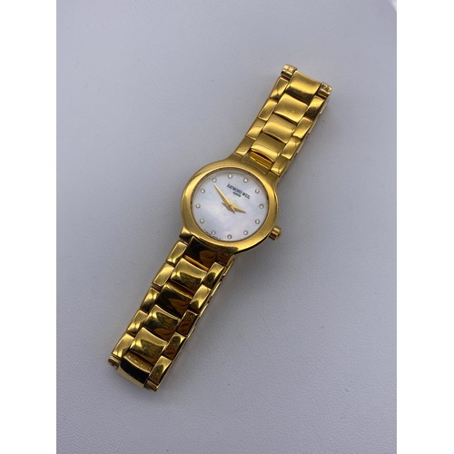 580 - LADIES RAYMOND WEIL 18K GOLD PLATED WITH SAPPHIRE CRYSTAL FACE AND MOTHER OF PEARL DIAL