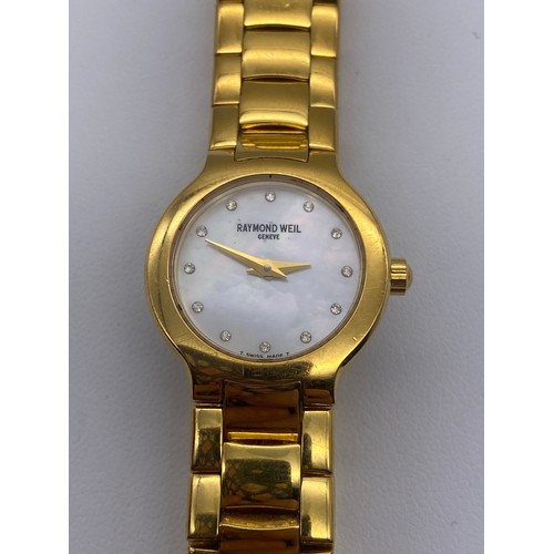 580 - LADIES RAYMOND WEIL 18K GOLD PLATED WITH SAPPHIRE CRYSTAL FACE AND MOTHER OF PEARL DIAL