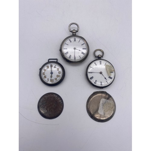 593 - FINE SILVER CASED LEVER FOB WATCH, FRENCH FOB WATCH, AND BASE METAL WRIST WATCH AS FOUND