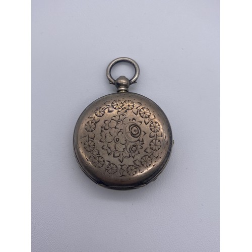 593 - FINE SILVER CASED LEVER FOB WATCH, FRENCH FOB WATCH, AND BASE METAL WRIST WATCH AS FOUND