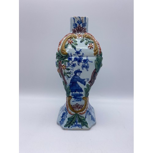 740 - PAIR OF DUTCH DELFT POTTERY VASES OF TAPERED FORM DECORATED WITH CHINESE FIGURES AS FOUND