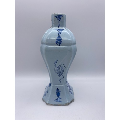 740 - PAIR OF DUTCH DELFT POTTERY VASES OF TAPERED FORM DECORATED WITH CHINESE FIGURES AS FOUND