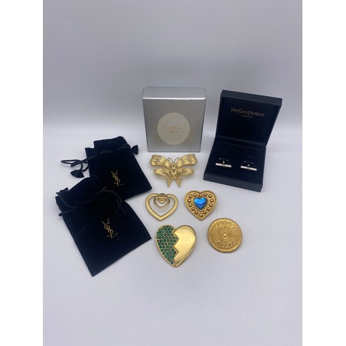 730 - CHRISTIAN DIOR AND YSL OVERSIZED COSTUME BROOCHES AND A PAIR OF YSL CUFF LINKS