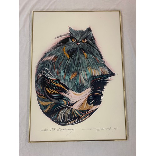 756 - LARGE LIMITED EDTITION PRINT BY MIKE MARGOLIS OF A CAT SIGNED AND DATED 1986 118/600