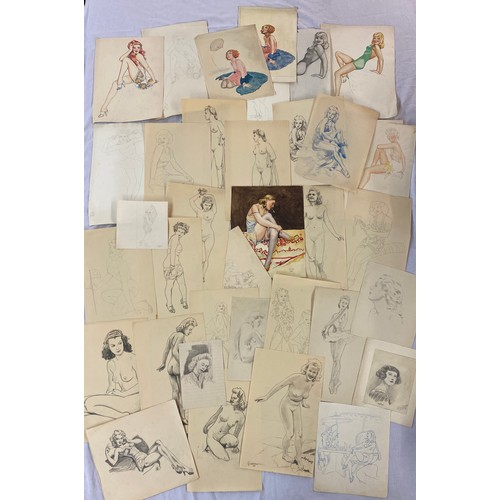 661 - FOLIO OF PRELIMINARY PENCIL SKETCHES AND WATERCOLOUR DRAWINGS OF FEMALE PINUPS BY G.W.DICKER CIRCA 1... 