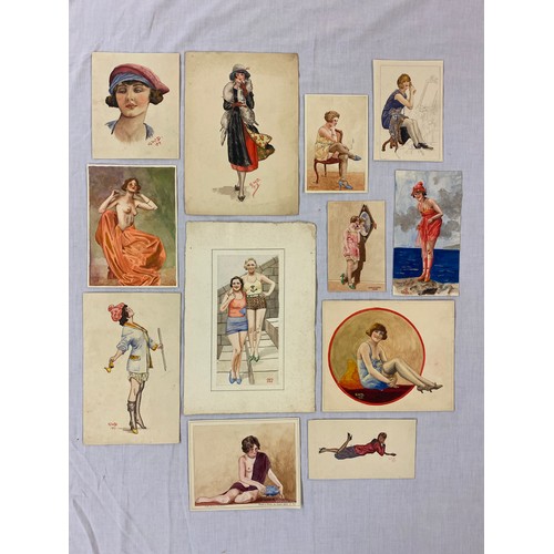 661 - FOLIO OF PRELIMINARY PENCIL SKETCHES AND WATERCOLOUR DRAWINGS OF FEMALE PINUPS BY G.W.DICKER CIRCA 1... 