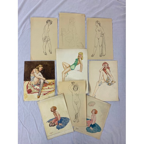 661 - FOLIO OF PRELIMINARY PENCIL SKETCHES AND WATERCOLOUR DRAWINGS OF FEMALE PINUPS BY G.W.DICKER CIRCA 1... 