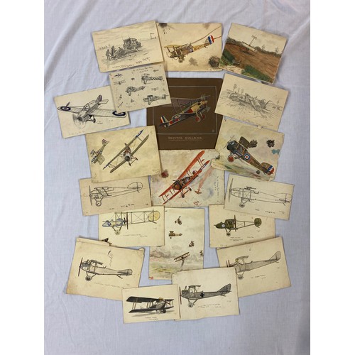 660 - SMALL FOLIO OF AMATEUR WATERCOLOURS MONOGRAMMED G.W.D OF EARLY AIRCRAFT, BI PLANES SIDE PROFILES, CR... 