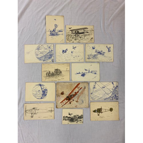 660 - SMALL FOLIO OF AMATEUR WATERCOLOURS MONOGRAMMED G.W.D OF EARLY AIRCRAFT, BI PLANES SIDE PROFILES, CR... 