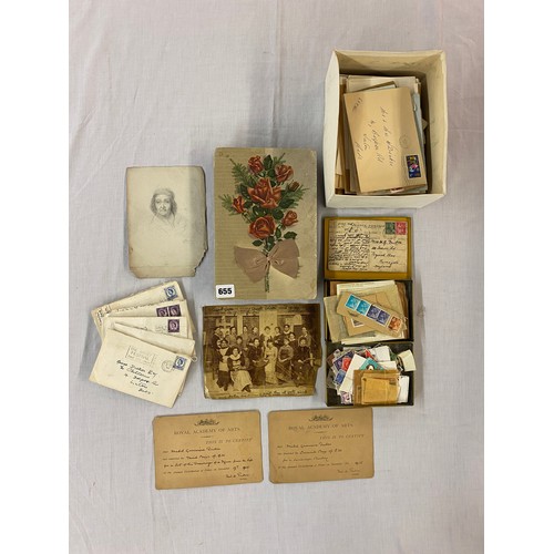 655 - BOX OF ASSORTED EPHEMERA, CORRESPONDENCE, AND POSTAGE STAMPS