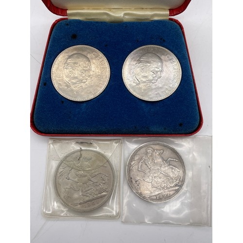 725 - CASED CHURCHILL 1965 COMMEMORATIVE DOUBLE CROWN, VICTORIA VEILED HEAD 1891 CROWN, AND GEORGE VI 1951... 