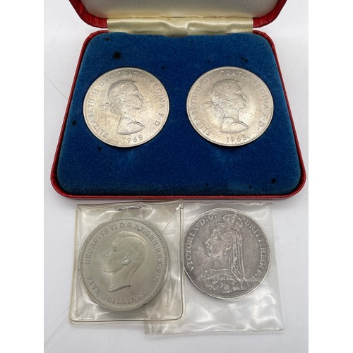 725 - CASED CHURCHILL 1965 COMMEMORATIVE DOUBLE CROWN, VICTORIA VEILED HEAD 1891 CROWN, AND GEORGE VI 1951... 