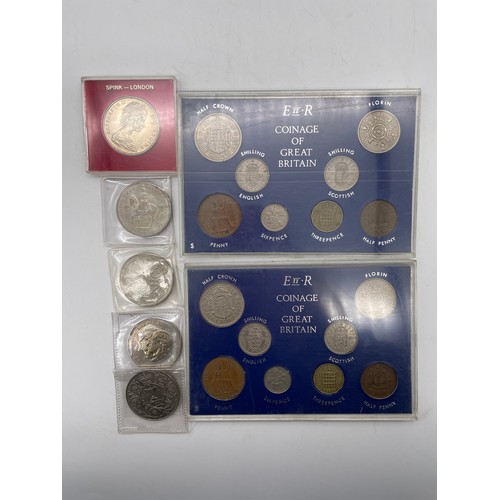 724 - TWO ELIZABETH COINAGE OF GREAT BRITAIN PROOF SETS, 1967 GIBRALTAR ONE CROWN, TWO FIVE SHILLING PIECE... 