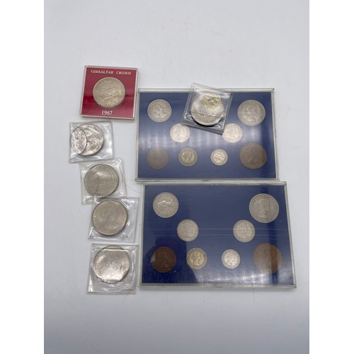 724 - TWO ELIZABETH COINAGE OF GREAT BRITAIN PROOF SETS, 1967 GIBRALTAR ONE CROWN, TWO FIVE SHILLING PIECE... 