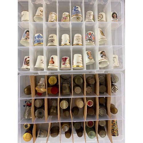 686 - LARGE QUANTITY OF PORCELAIN, ENAMELLED AND METAL THIMBLES WITH RACKS AND STANDS