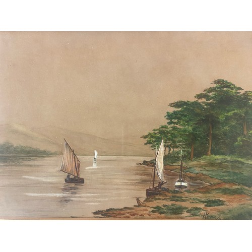 752 - H. PEEK WATERCOLOUR OF SAILING BOATS ON RIVER F/G 24CM X 17CM