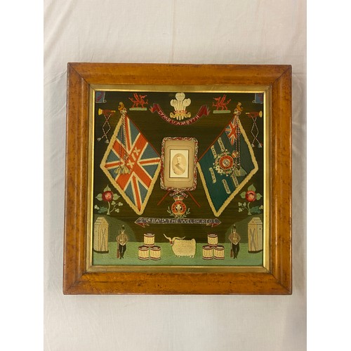 608 - 19TH CENTURY WOOL WORKED MILITARY REGIMENTAL PANEL FOR THE 2ND BATALLION OF THE WELSH REGIMENT WITH ... 