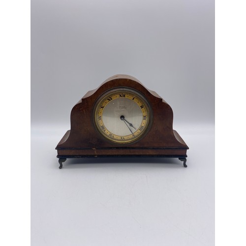 682 - BURR WALNUT CASED MANTLE TIMEPIECE WITH FRENCH MOVEMENT, THE DIAL DOUGLAS STOURBRIDGE