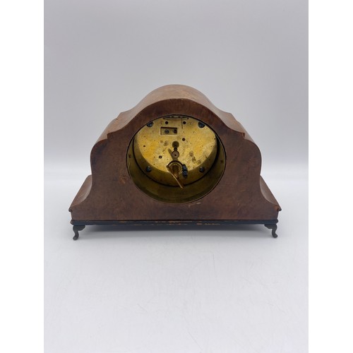 682 - BURR WALNUT CASED MANTLE TIMEPIECE WITH FRENCH MOVEMENT, THE DIAL DOUGLAS STOURBRIDGE