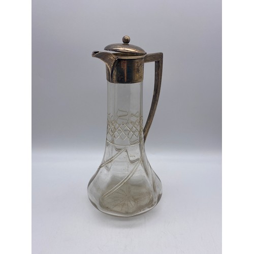 675 - SHEFFIELD SILVER MOUNTED TAPERED CLARET JUG WITH ETCHED DECORATION