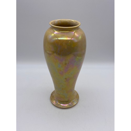 748 - RUSKIN YELLOW LUSTRE TAPERED VASE IMPRESSED RUSKIN 923 ENGLAND CHIP TO BASE