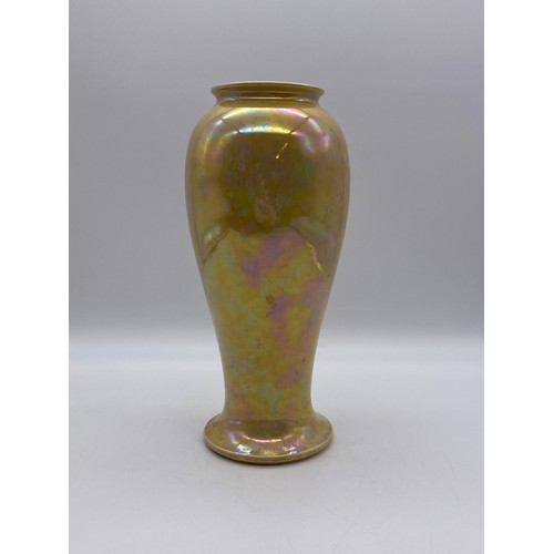 748 - RUSKIN YELLOW LUSTRE TAPERED VASE IMPRESSED RUSKIN 923 ENGLAND CHIP TO BASE