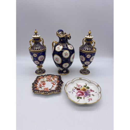 703 - ROYAL CROWN DERBY ROYAL BLUE GILDED OVOID VASE GARNITURE AND A LOBED PIN DISH AND 2049 PATTERN DISH