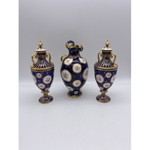 703 - ROYAL CROWN DERBY ROYAL BLUE GILDED OVOID VASE GARNITURE AND A LOBED PIN DISH AND 2049 PATTERN DISH