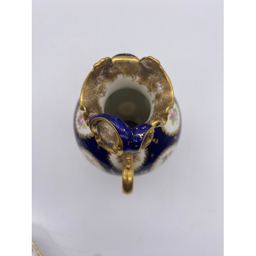 703 - ROYAL CROWN DERBY ROYAL BLUE GILDED OVOID VASE GARNITURE AND A LOBED PIN DISH AND 2049 PATTERN DISH